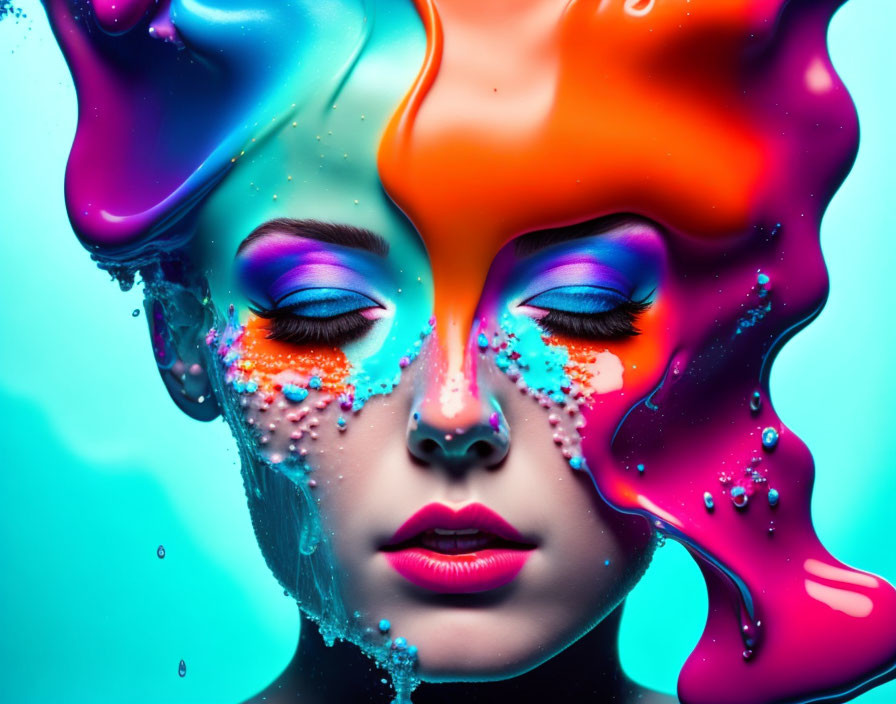 Colorful Liquid Art Surrounding Woman's Face on Teal Background