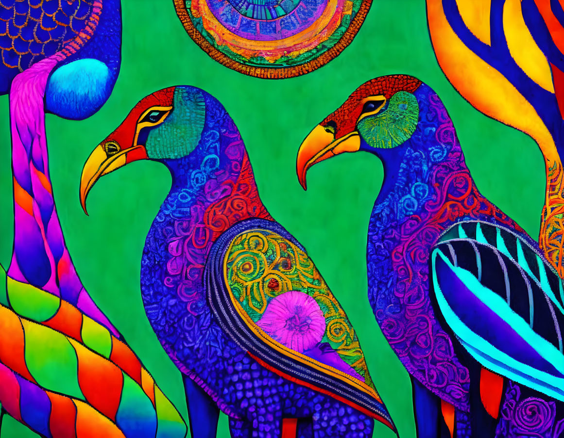 Colorful Stylized Birds Illustration on Bright Green Background