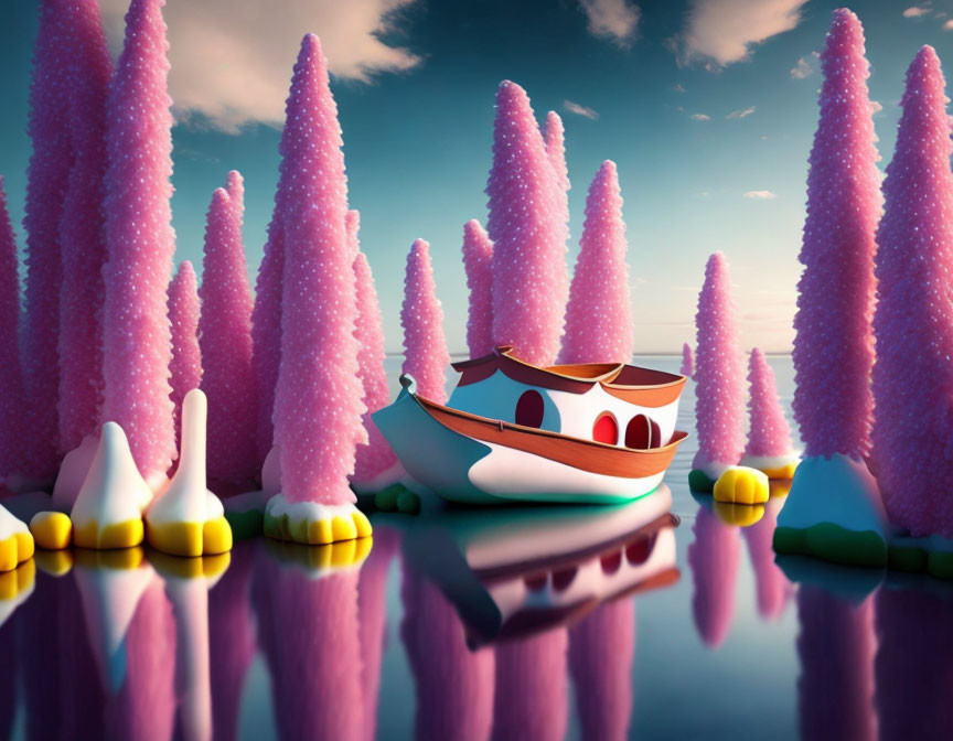 Whimsical digital artwork: Boat on calm waters, pink cone-shaped trees, soft blue sky