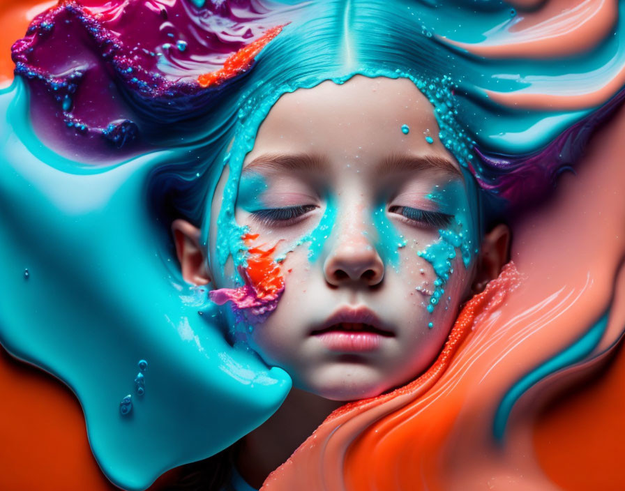 Serene person surrounded by vibrant swirls of blue, purple, and orange colors