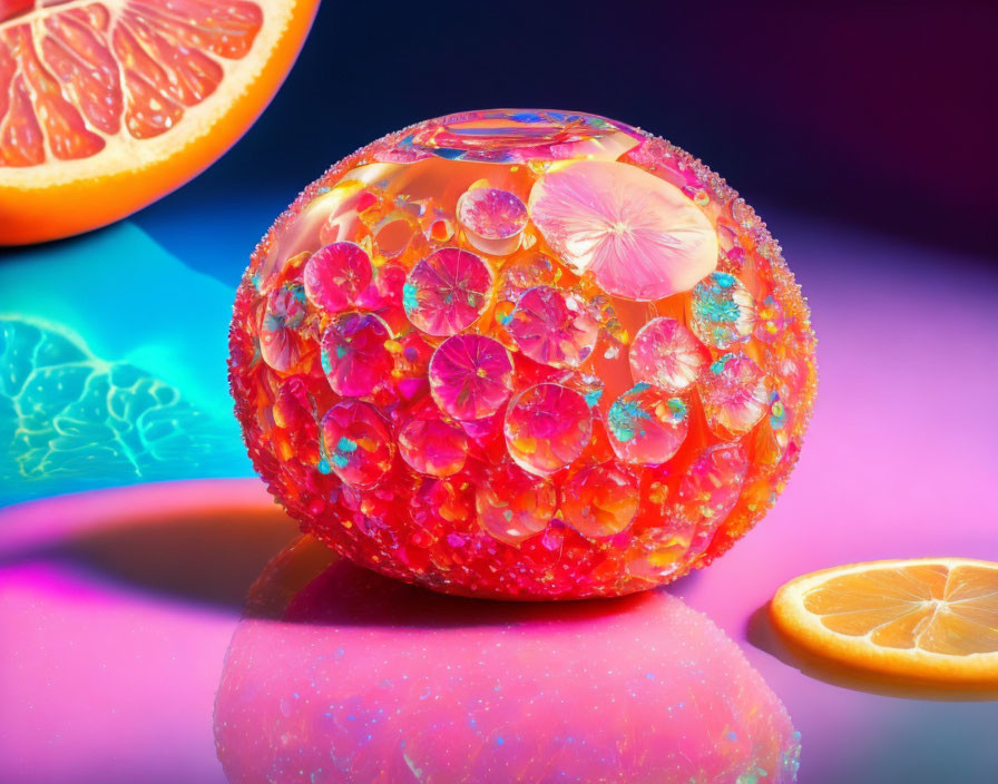 Colorful Citrus Fruit Slices and Crystal Sphere on Reflective Surface