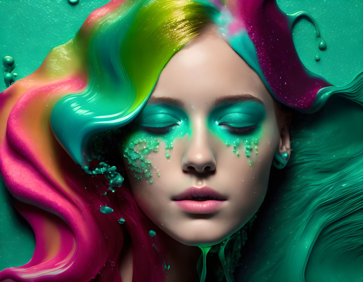 Colorful Hair Woman Submerged in Water with Bubbles