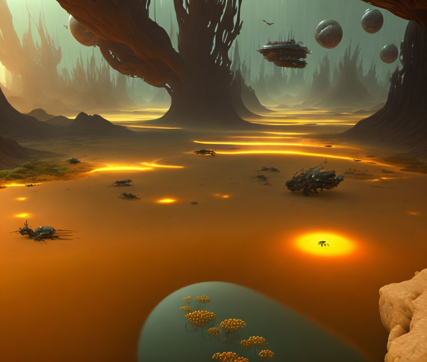 Sci-fi landscape with towering trees, floating orbs, alien spacecraft on orange terrain