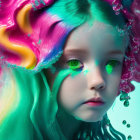 Child with Multicolored Hair and Sparkles in Colorful Dream Setting