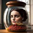 Surreal image: woman's head in sealed jar with fruits on table