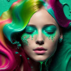 Colorful Hair Woman Submerged in Water with Bubbles