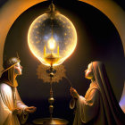 Mystical artwork: Two robed figures with pendulum and glowing orb in large ring