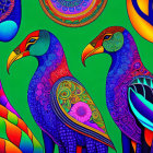 Colorful Stylized Birds Illustration on Bright Green Background