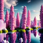 Whimsical digital artwork: Boat on calm waters, pink cone-shaped trees, soft blue sky