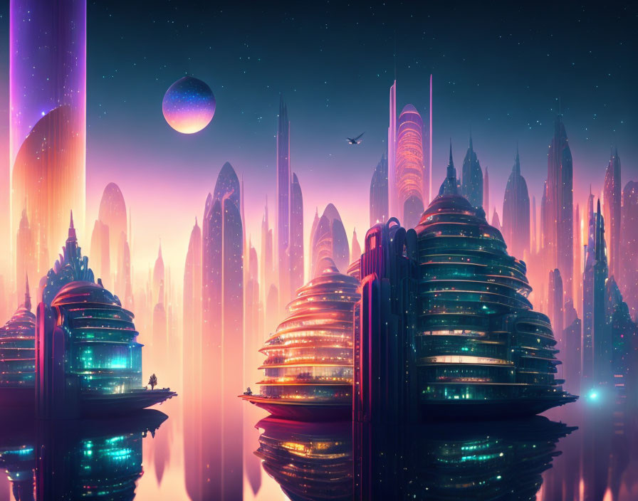 Neon-lit skyscrapers in futuristic cityscape at dusk