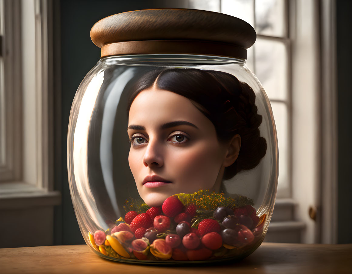 Surreal image: woman's head in sealed jar with fruits on table