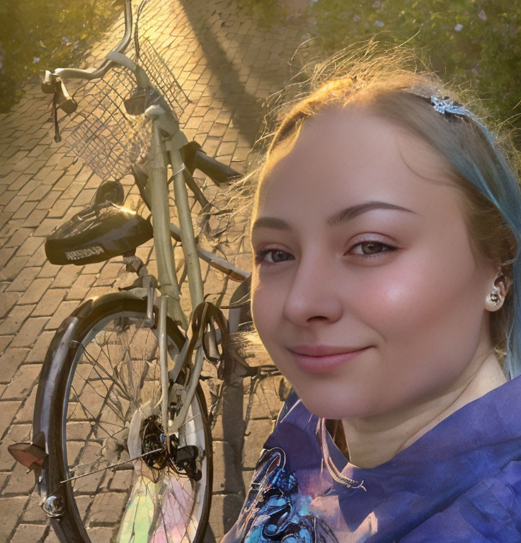 Smiling young woman with blue hair and bicycle in warm sunlight