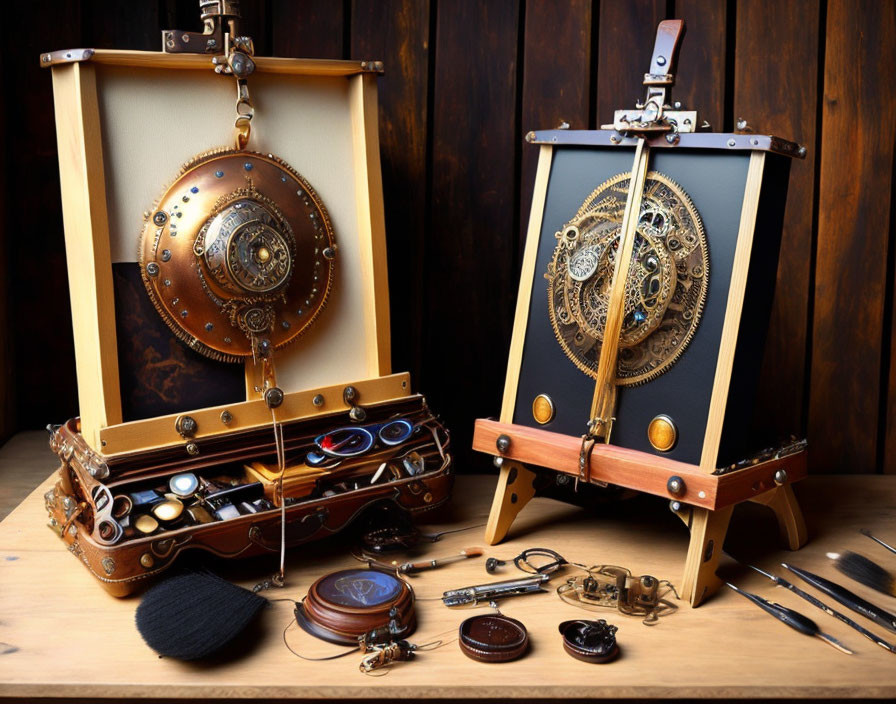 Steampunk-themed workstations with gears, dials, and accessories on wooden backdrop