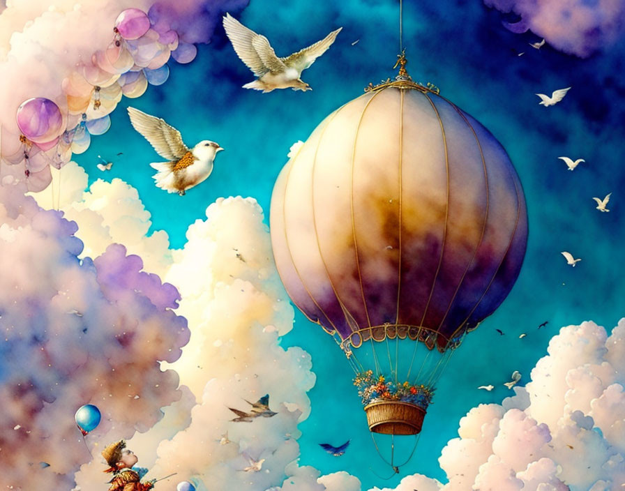 Colorful hot air balloon illustration with clouds, balloons, and birds in dreamy sky