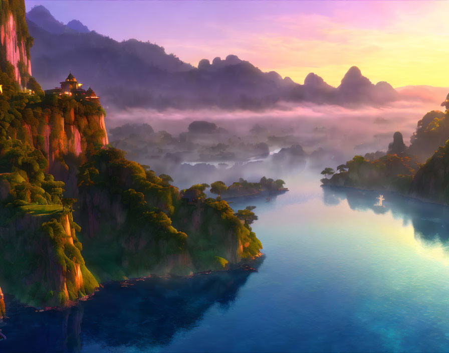 Tranquil landscape: misty mountains, serene lake, lush cliffs, distant pagoda at sunrise