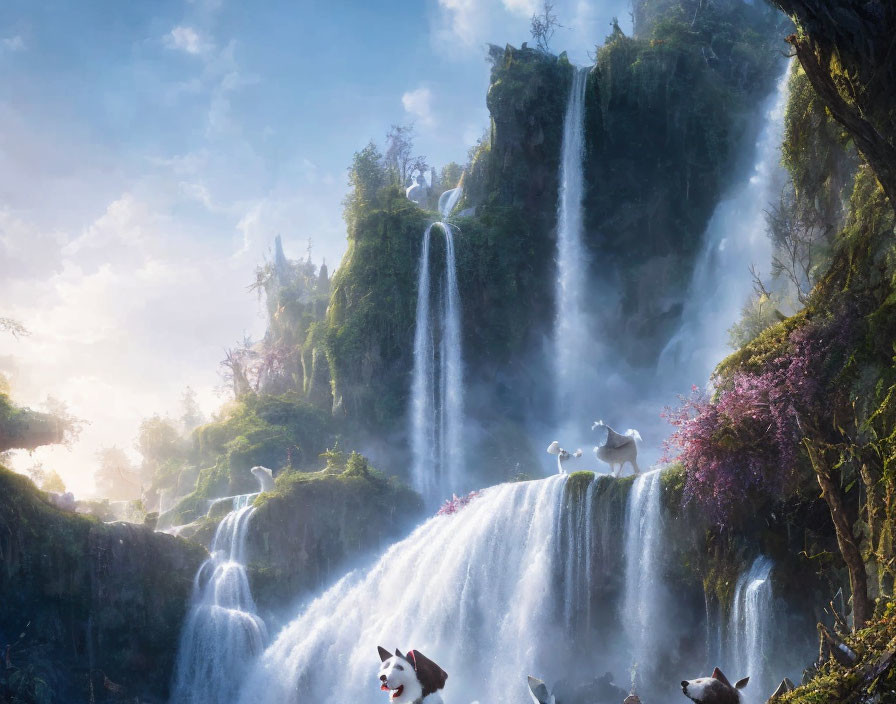 Fantastical landscape with waterfalls, unicorns, and Pegasus