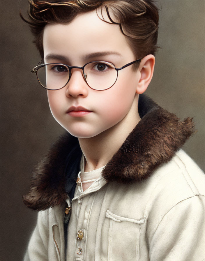 Styled-hair young boy in round glasses and fur-collared jacket portrait.