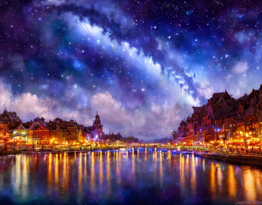 Starry night sky over illuminated riverfront buildings