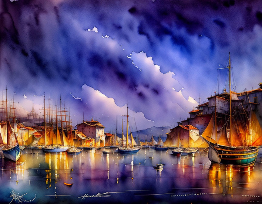 Serene harbor with sailboats at twilight in watercolor