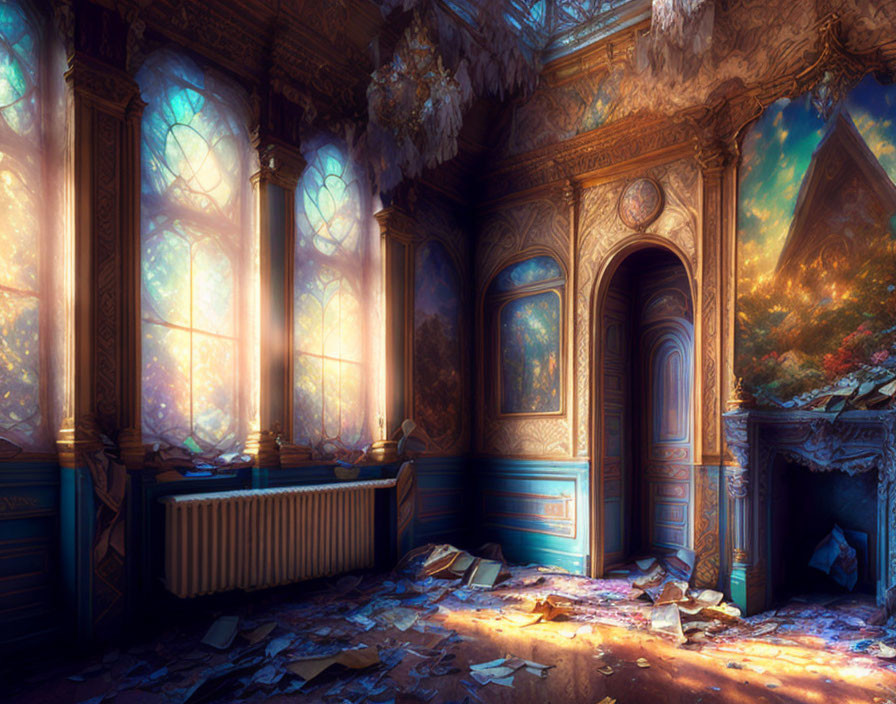 Abandoned room with stained-glass windows, dusty chandelier, and scattered papers