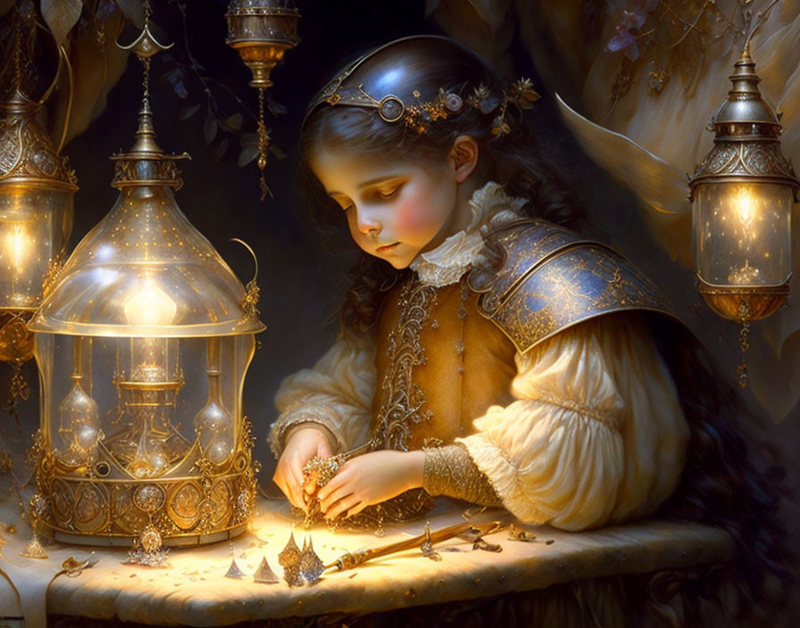 Young girl in medieval attire plays with miniature lights by large lantern