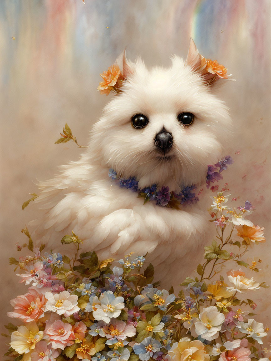 Fluffy White Dog Portrait with Colorful Flowers and Blossoms