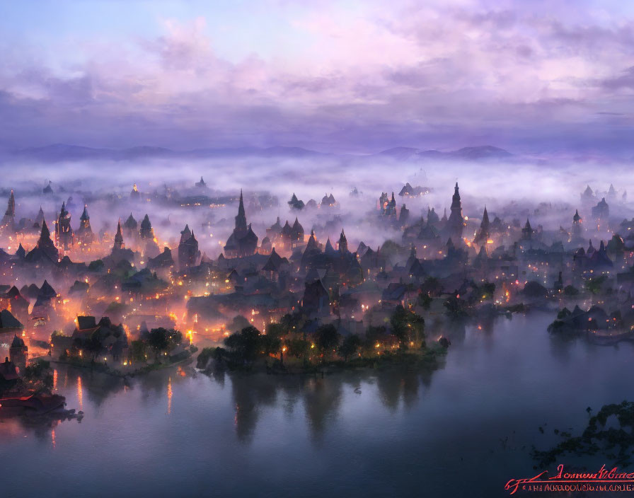 Mystical fog-covered fantasy village at twilight with illuminated houses and tranquil lake.