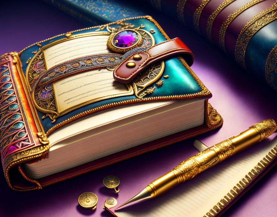 Luxurious jewel-encrusted book with gold pen and ink bottle