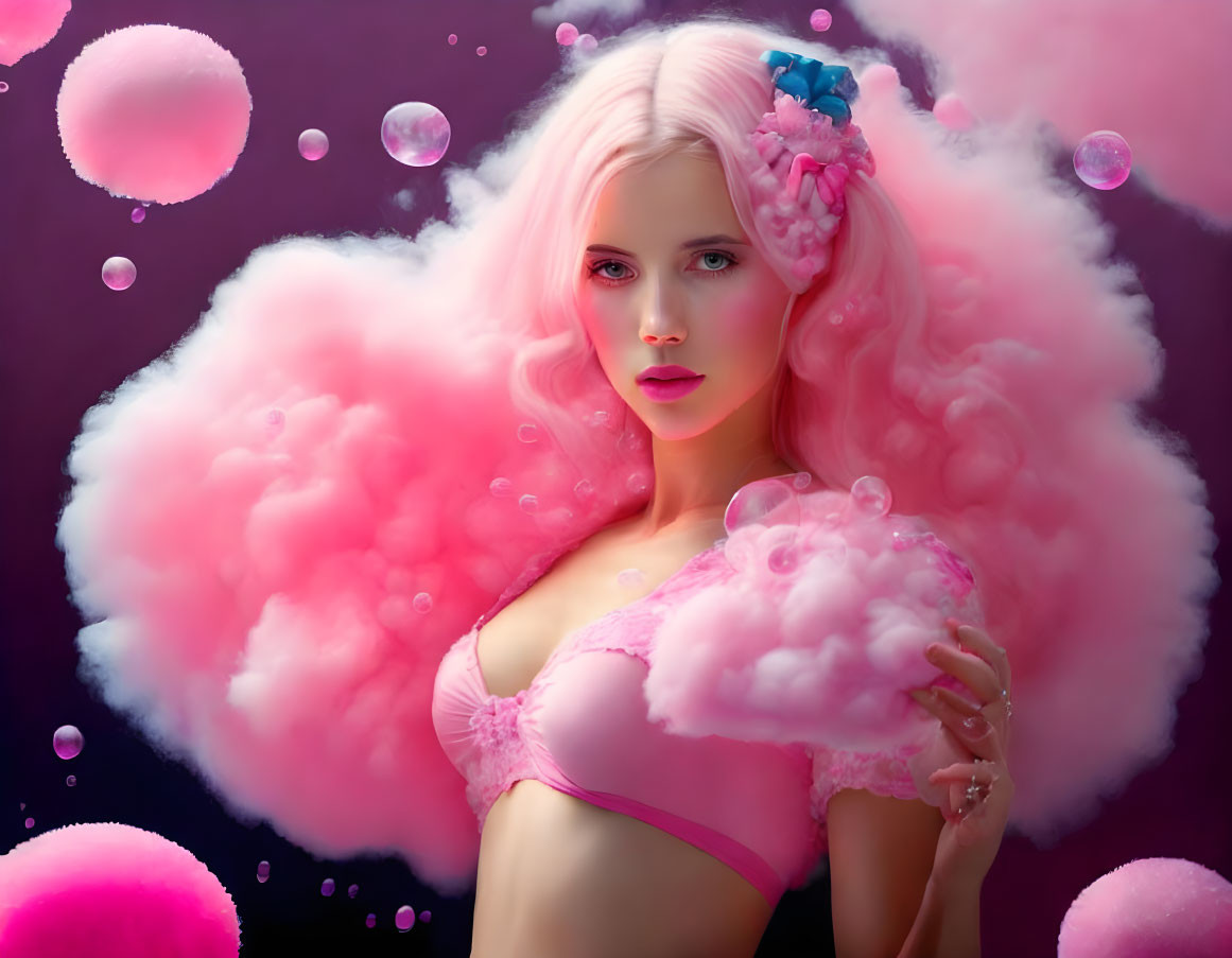 Pink-haired woman in bikini top surrounded by bubbles and clouds