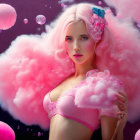 Pink-haired woman in bikini top surrounded by bubbles and clouds