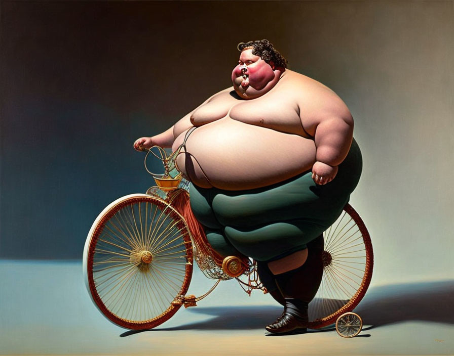 Oversized person on small bicycle in caricatured painting