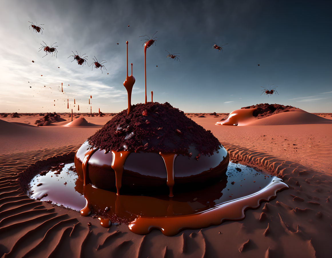 Giant chocolate-covered dessert in surreal desert landscape