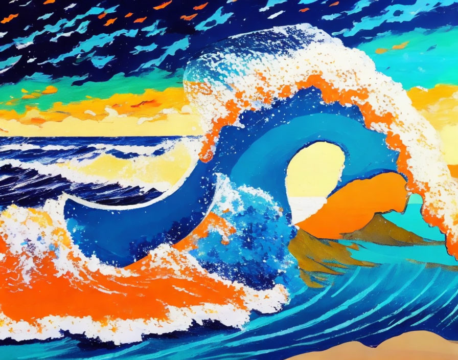 Colorful Ocean Wave Painting with Blues and Oranges at Sunset