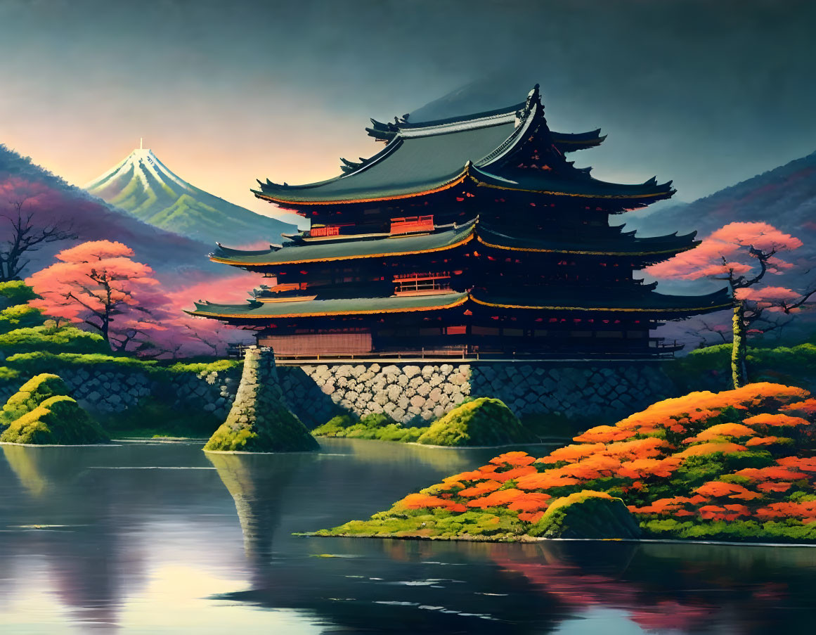 Japanese Pagoda at Tranquil Lake with Cherry Blossoms and Misty Mountain