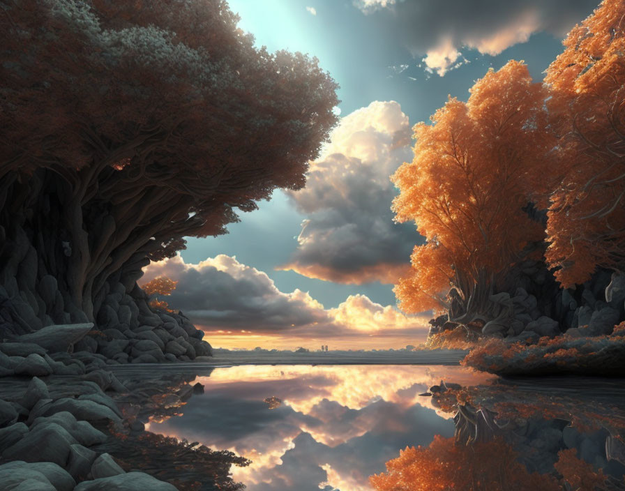 Fiery orange trees in surreal landscape with reflective water