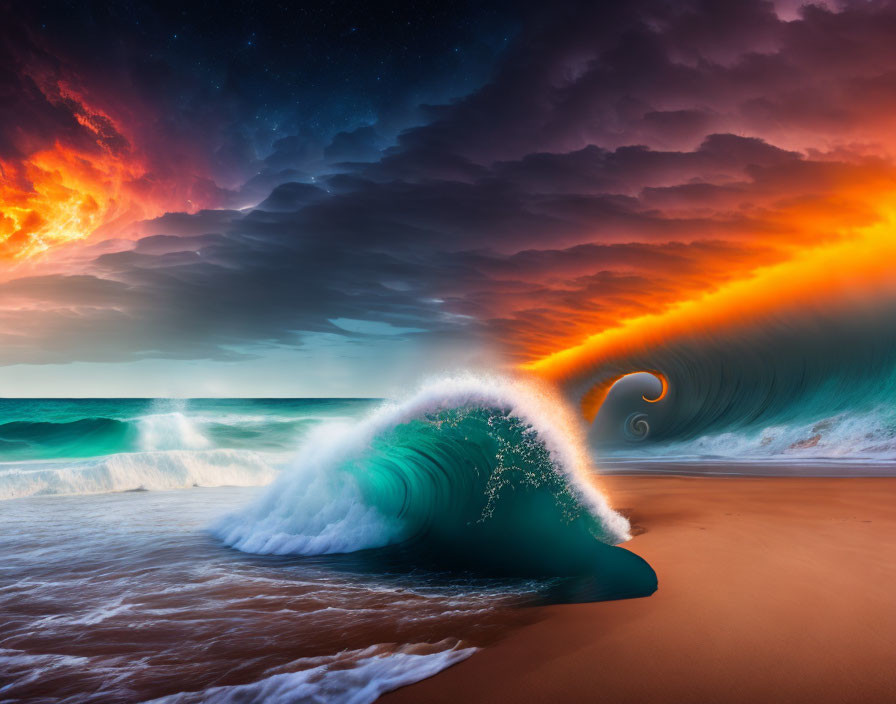 Surreal beachscape with swirling wave under fiery orange and cool blue sky