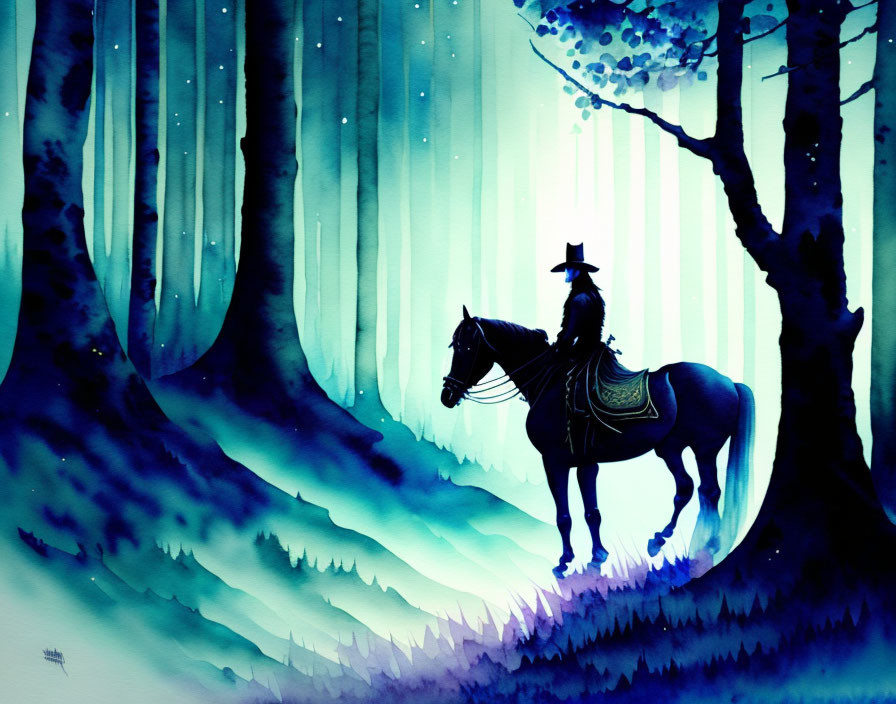 Silhouette of rider on horse in mystical forest with blue hues and light beams