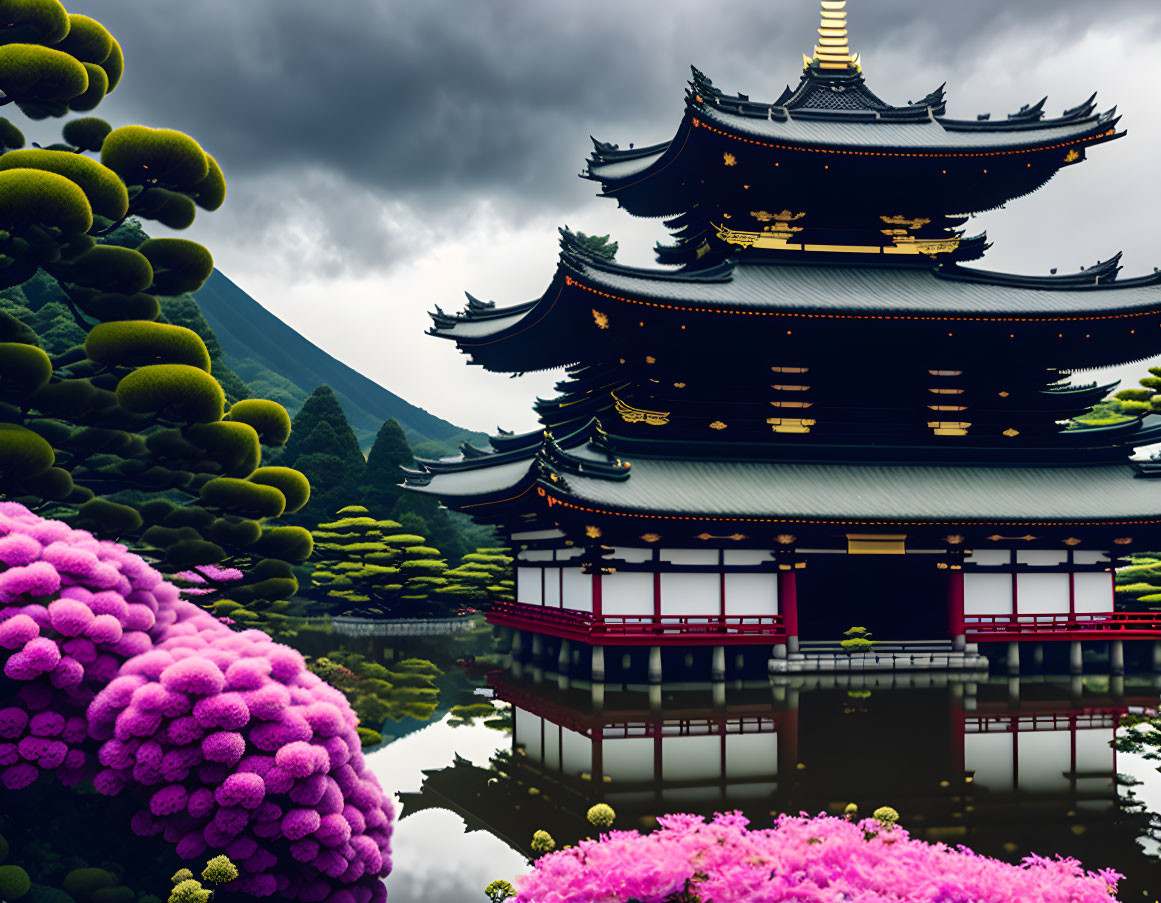 Traditional pagoda surrounded by purple flowers, greenery, pond, and cloudy sky