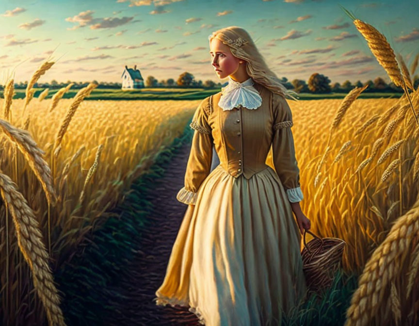 Woman in vintage dress standing in golden wheat field at sunset with basket.