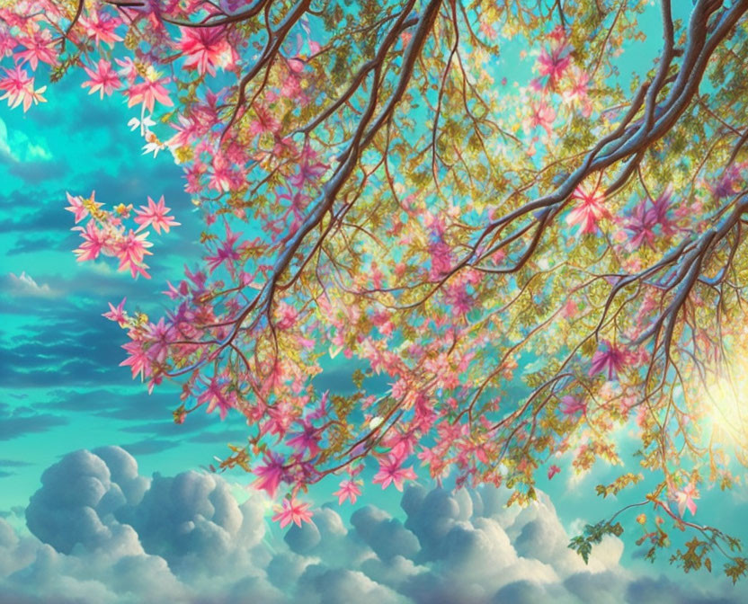 Lush tree with pink blossoms under blue sky