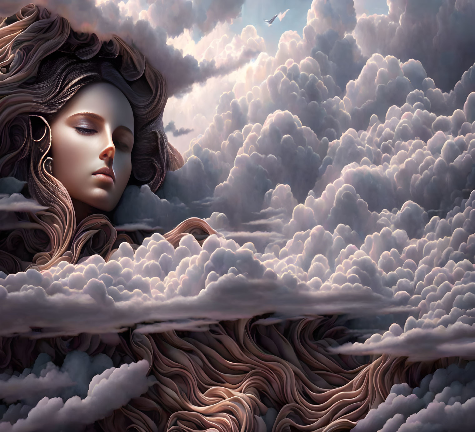 Woman's face blending with vast cloudscape under dreamy sky