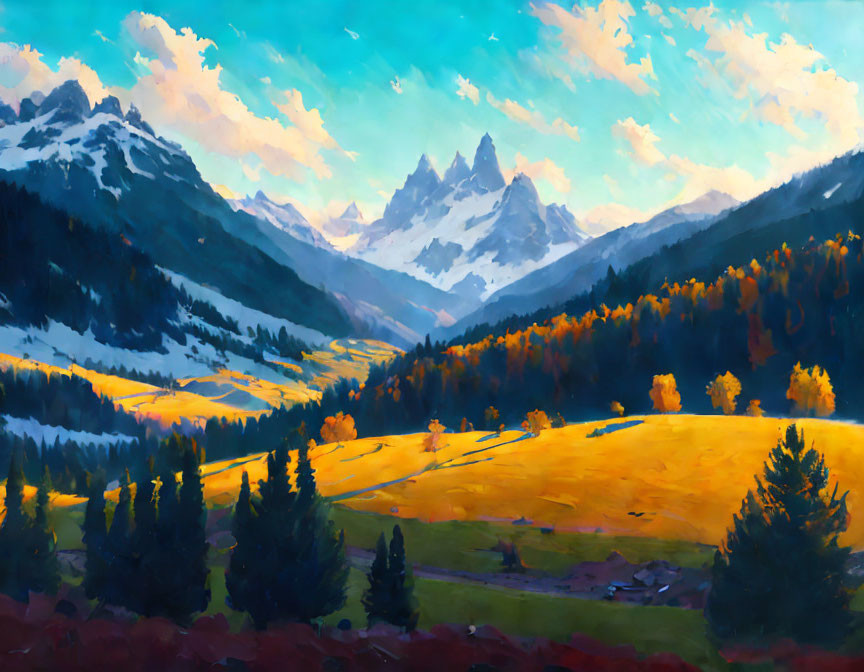 Serene valley with golden fields, autumn trees, river, mountains, and cloudy sky