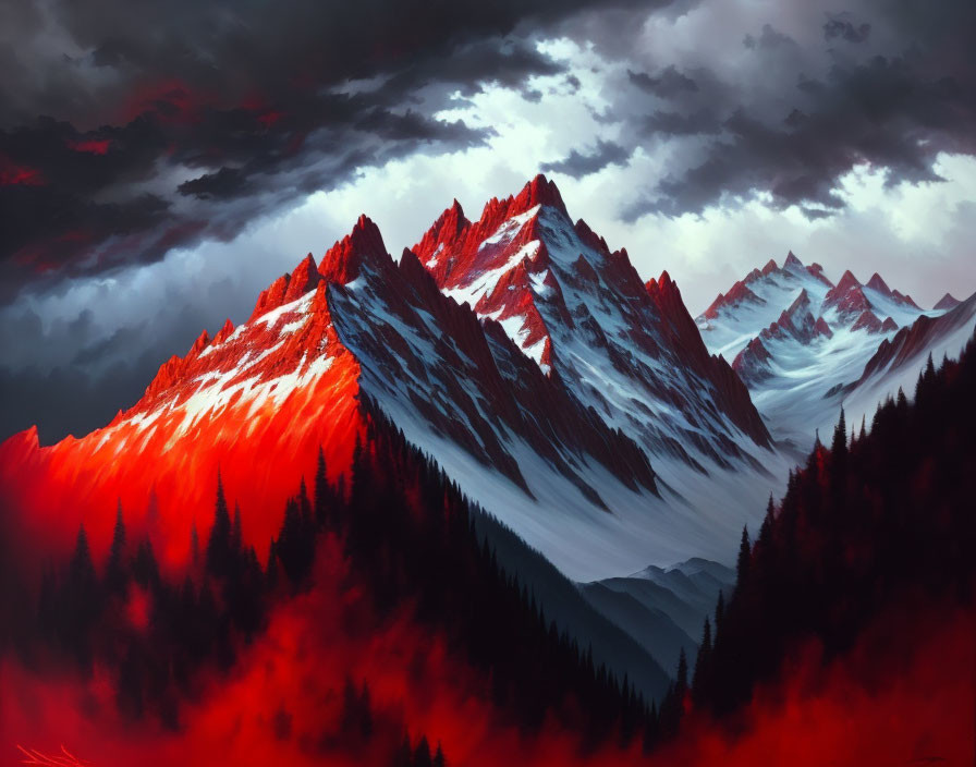 Sunlit Mountain Peaks with Red Foliage and Dramatic Sky