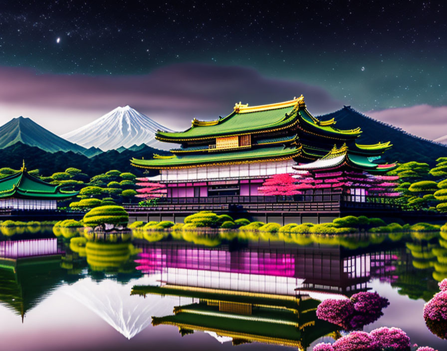 Traditional Japanese pagoda with Mount Fuji, blossoms, pond, and starry sky.