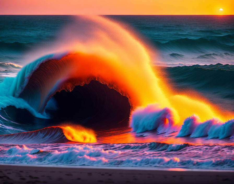 Fiery sunset wave cresting in vibrant colors