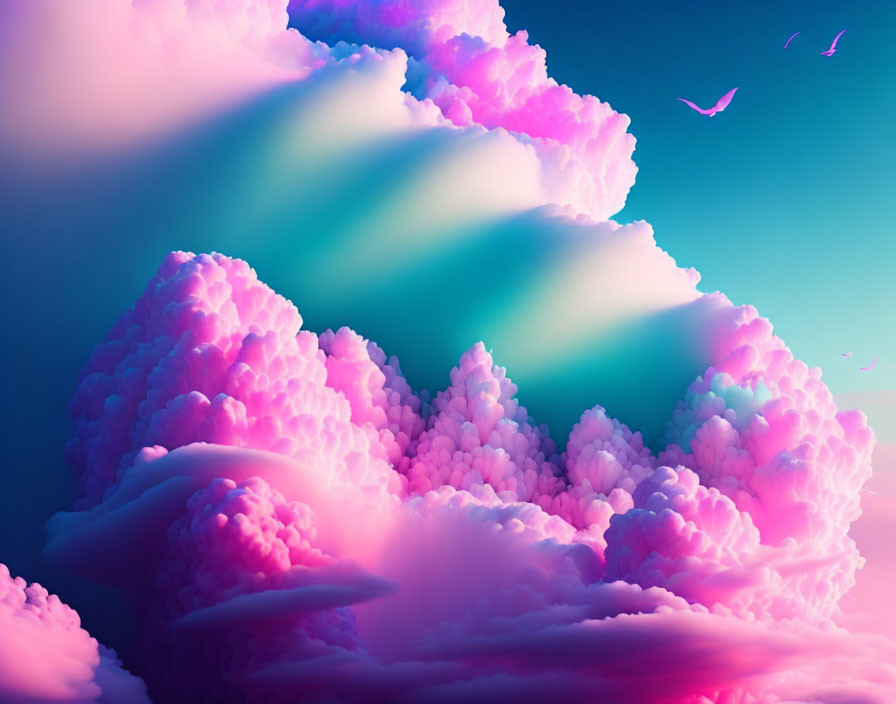 Vibrant surreal sky with pink and blue clouds and flying birds