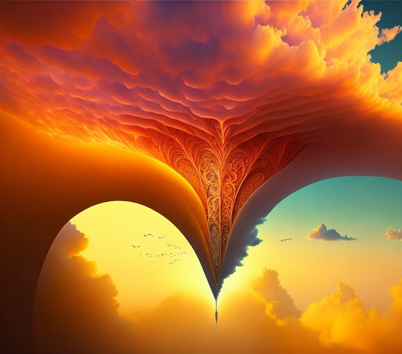 Surreal landscape with heart-shaped fractal pattern in orange sky