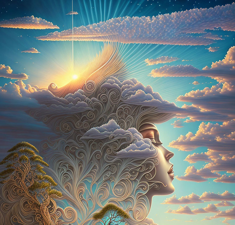 Surreal nature-themed artwork with woman's profile and cloud hair