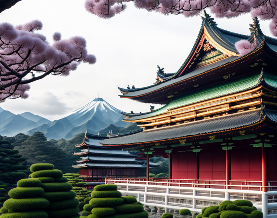 Japanese pagoda with Mount Fuji and cherry blossoms in lush setting