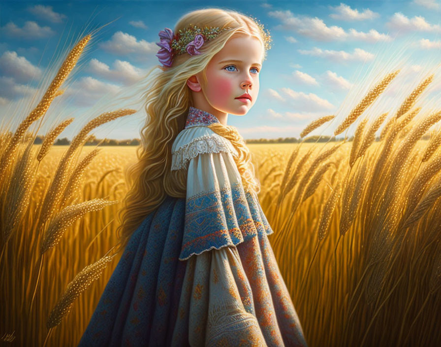 Blonde Girl in Wheat Field with Flower Crown